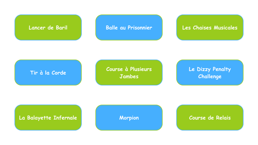 List of activities: barrel throwing, dodgeball, musical chairs, tug-of-war, multi-legged race, dizzy penalty challenge, broomstick race, tic-tac-toe, relay race